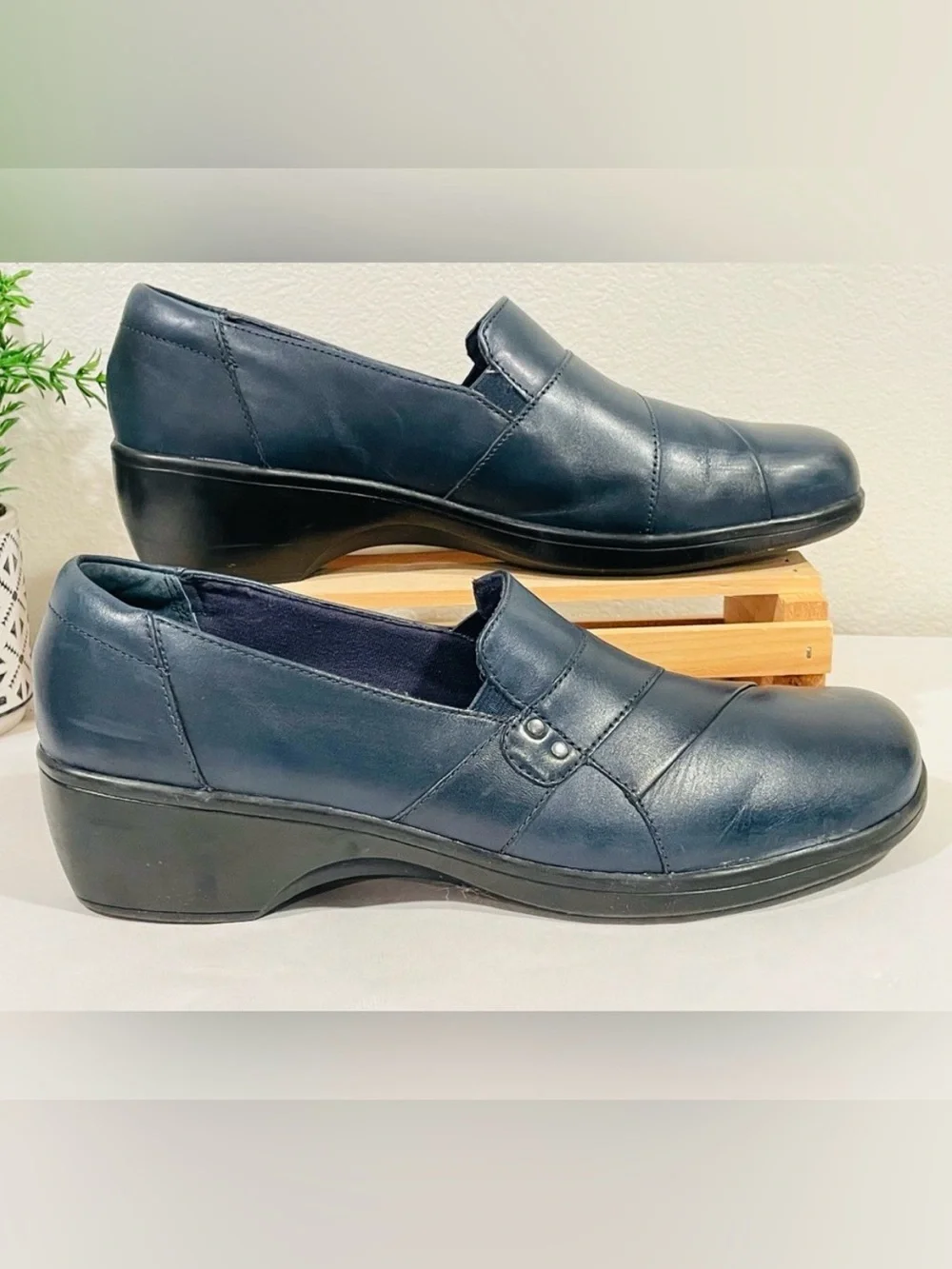 Clarks “May Marigold” Navy Banded Studded Genuine Leather Slip On Loafers